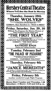 Hershey Press advertisement for Hershey Central Theatre, January 1, 1926