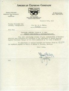 Correspondence regarding unused Travelers Cheques in the name of M.S. Hall. 11/15/1945